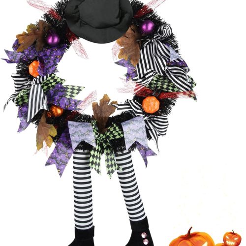 Halloween Wreaths for Front Door, Halloween Witch Wreath Black Wreath with Hat Witches Legs Pumpkin, Halloween Door Wreath Black Witch Wreath for Door,Porch,Window,Indoor and Outdoor Decor