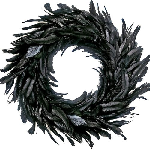 MOVINPE Black Feather Wreath - 14.9'' Natural Cocktail Feather Wreath, Halloween Photo Props, Front Door Decor Witch Spooky Scene Party Decorations