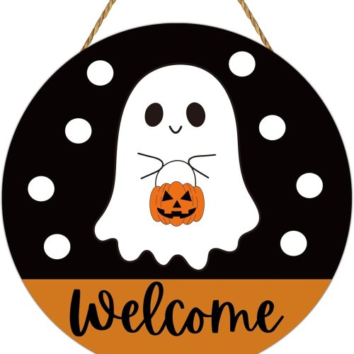 Halloween Decor Indoor Halloween Wreath Front Door Decorations Cute Ghost Decor Welcome Sign Wreath Wooden Front Door Hanger Ghost Hanging Sign for Porch Wall Indoor Home Decorations