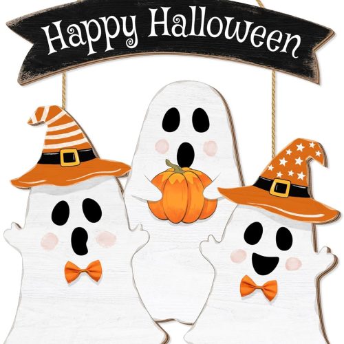 Halloween Ghost Door Sign BOO Decorations, Happy Halloween Wooden Ghost Hanging Sign for Front Door Hanger Wreath Decor, Halloween Pumpkin Indoor Outdoor Yard Wall Halloween Party Decorations