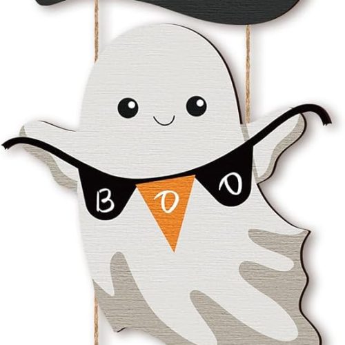 Kigley Halloween Door Sign Cute Ghost Wreath Decorations Spooky Boo Wooden Hanging Ghost Front Door Decor Halloween Porch Sign for Wall Holiday Hanger Home Party
