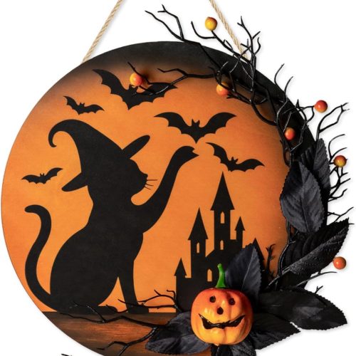 Halloween Wreaths for Front Door, Halloween Wooden Wreath, 12" Welcome Sign for Front Door, Outdoor Porch and Patio Fence Decor