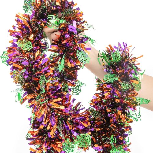 33FT Halloween Tinsel Garland, Metallic Twist Foil Tinsel Garland with Green Spider Web Ornament Shiny Hanging Garland for Halloween Party Indoor Outdoor Decoration