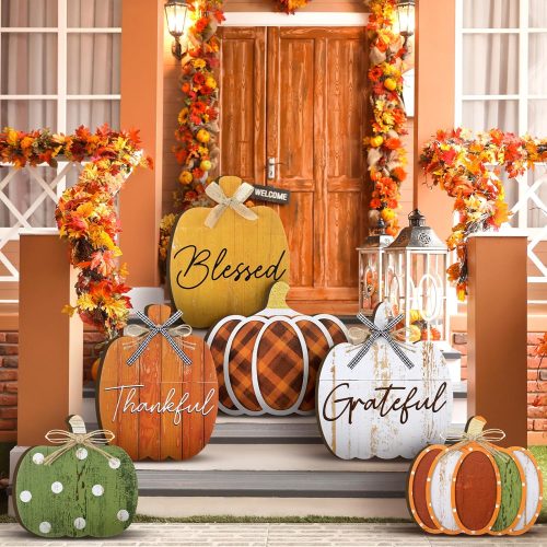 Set of 6 Farmhouse Outdoor Fall Decoration for Home Pumpkin Fall Porch Signs Decoration Standings Thankful Grateful Blessed Welcome Sign Thanksgiving Decor for Front Porch Garden Party Favor(Novel)