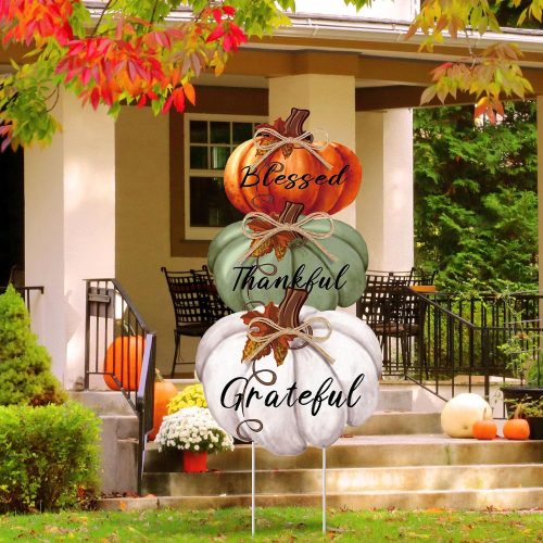 Geetery 3 Pcs Fall Pumpkin Outdoor Decorations Fall Yard Stakes 31 Inch Plastic PP Stackable Blessed Thankful Grateful Yard Sign Rustic Autumn Harvest Sign for Garden Lawn Patio Decor(Vintage Color)