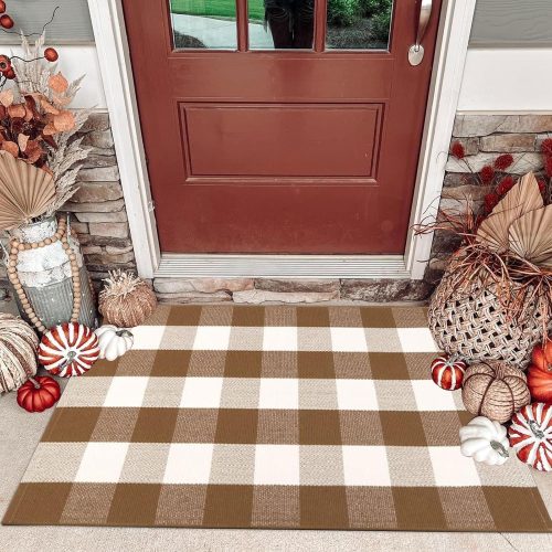 CAINANEL Fall Door Mat Front Door Rug Farmhouse Brown and White Buffalo Check Rug Layered Welcome Door Mat for Front Porch Decor, Front Door, Farmhouse Decor (27.5"x43", Coffee and White)