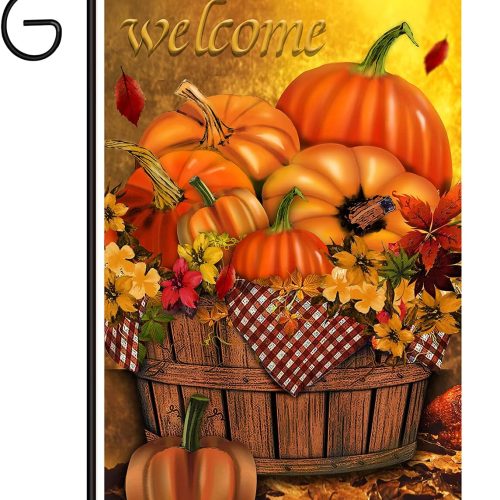 Fall Welcome Thanksgiving Pumpkin Small Garden Flag for Outside 12x18 Inch Vertical Double Sided Leaves Flowers Autumn Burlap Yard Decoration