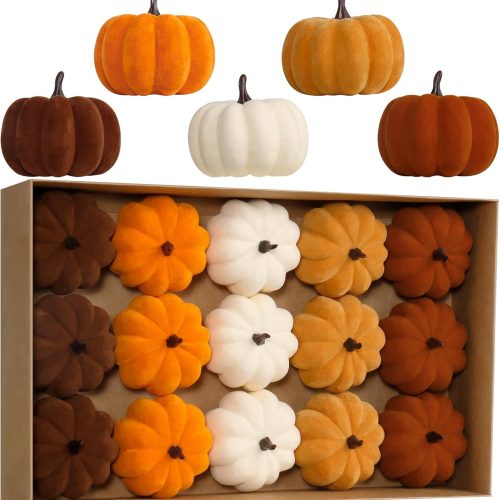 RoseCraft Artificial Flocked Pumpkins, 15PCS Coffee Gold Beige Orange Brown Velvet Foam Faux Pumpkins Decorations, for Fall Harvest Halloween Thanksgiving Table Centerpiece Decor.