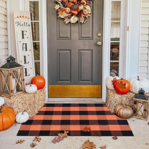 Fall Plaid Rug 28" x 43", Orange and Black Buffalo Check Front Porch Outdoor Layered Doormat, Cotton Hand-Woven Washable Rug for Halloween Thanksgiving Autumn Decor