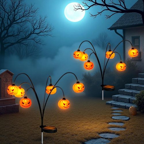 Solar Halloween Lights Outdoor Waterproof, 2 Pack Pumpkin Solar Lights for Outside Thankgiving Decor,12LED Orange Pumpkin Swaying Lamps for Garden Decor, Yard, Lawn, Party Decorations