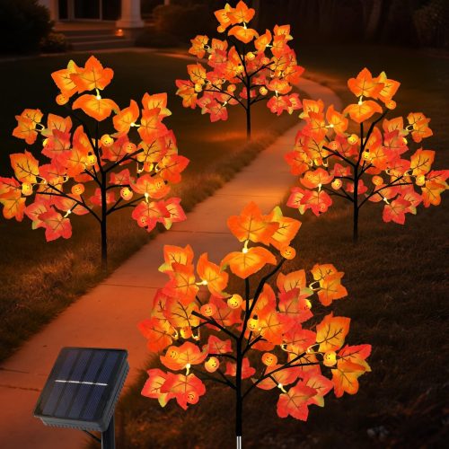 4 Packs Solar Maple Leaf Pumpkin Lights for Fall Decorations Outdoor, 80LED Fall Solar Lights for Fall Decor Thanksgiving Decorations, Waterproof Outdoor Lights for Yard, Pathway Harvest Decor
