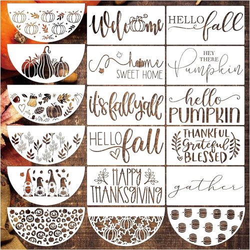 Fall Stencils for Painting on Wood Crafts Reusable Thanksgiving Stencil Welcome Autumn Hello Pumpkin Paint Stencils for Doormat Fabric Furniture(18 Half Round)
