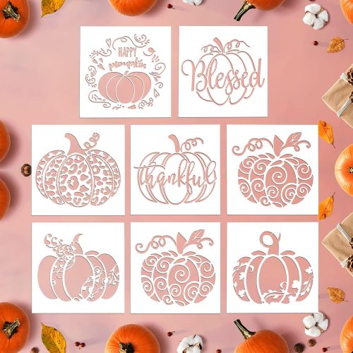 8 Pcs Pumpkin Stencils 8 x 8 Inch Fall Stencils Reusable Thanksgiving Autumn Stencil Halloween Stencils DIY Craft for Painting On Wood Wall Door Fabric