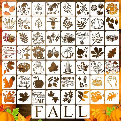 60 Pcs Fall Stencils for Painting Reusable Leaf Pumpkin Templates Crafts on Wood 3 x 3 Inch Autumn Small Painting Stencils Pumpkin Leaf Farmhouse Slices Thanksgiving Templates DIY Crafts Home Decor