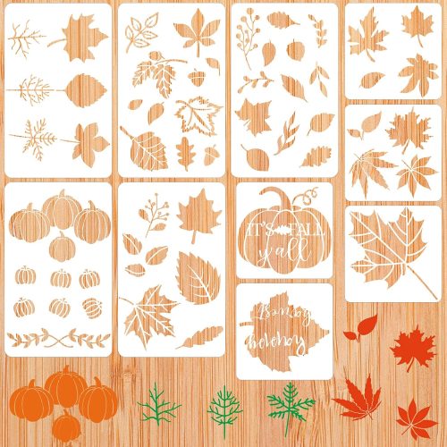 10 Pieces Fall Stencils Thanksgiving Painting Autumn Leaf Maple Leaf Pumpkin Truck Stencils Pumpkin Templates for Crafts Painting on Wood DIY Slice Scrapbook Decor, 2 Sizes(Abstract Style)
