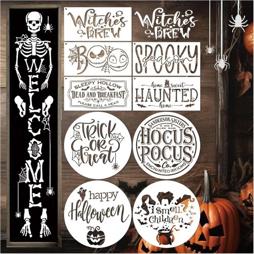 Halloween Stencils for Painting on Wood, Round Reusable Large Happy Halloween Hey Boo Trick or Treat Witch Stencils for Porch Sign Walls Door Hanger Sign DIY Ornament Crafts (12 Welcome)