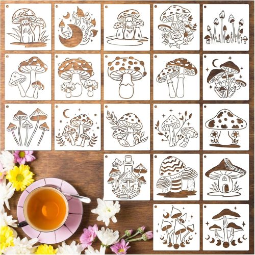 20 Pieces Mushrooms Stencils Template, Reusable Boho Mushroom Moon Flowers Stencils for Painting on Wood, Canvas, Tile, Scrapbook, Fabric, Pillows Decorations DIY Craft Projects (20pcs Mushroom 5.1)