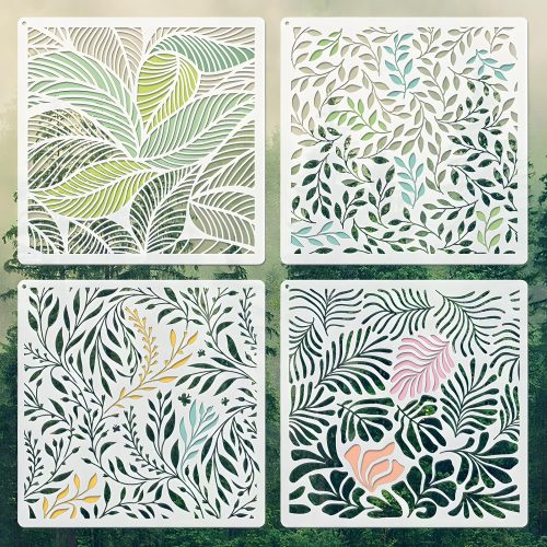 Wall Stencils for Painting Large Pattern, 4PCS 8 Inch Reusable Stencils for Crafts, Exquisite Leaf Designs for Wall Furniture Home Decor, DIY Art Projects