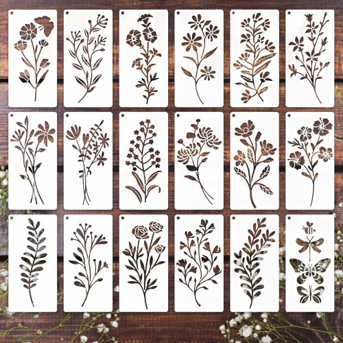 Flower Stencils for Painting, 18PCS 6x3 Inch Botanical Stencils for Crafts Reusable, Floral Drawing Templates for Wood Wall Canvas, Great for Card Making, Home Decor & DIY Projects
