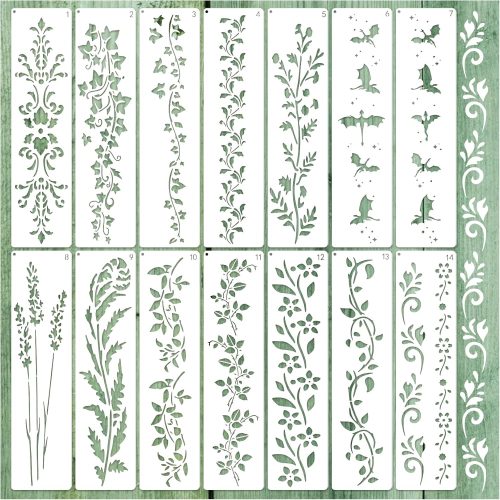 Large Border Flower Stencils for Painting Floral Leaf Stencil Dragon Vine Background Template Paint Stencils for Painting on Wood Burning Art Craft Canvas Furniture Wall (edge14)