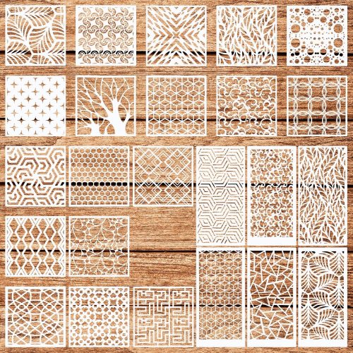 WSICSE 24Pcs Stencils for Painting, Reusable Geometric Painting Stencils Abstract Layering Stencil for Painting on Wood Canvas Furniture Floor Decor DIY Supplies, white