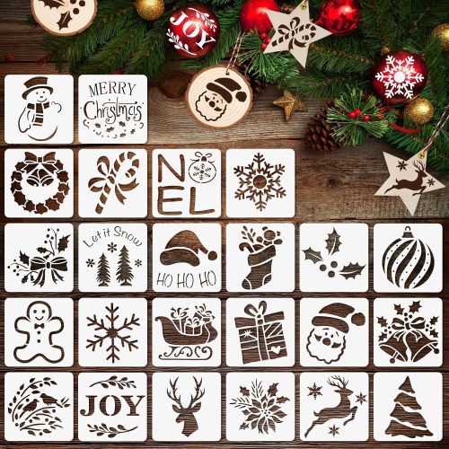 24 Pcs Small Christmas Stencils 3x3 Inch for Painting on Wood Slice,DIY Christmas Ornaments
