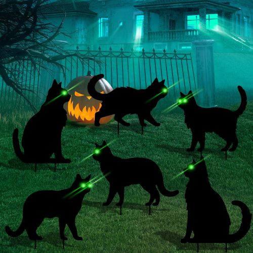 6 Pcs Black Cat Halloween Decorations Plastic Yard Signs with Stakes,Halloween Decorations Outdoor, Scary Silhouette with Glow in Dark Eyes for Outdoor Yard Lawn Garden Halloween Décor