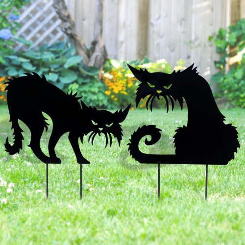 YoleShy Halloween Black Cat Yard Signs With Stakes - Set of 2 Metal Scary Angry Cat Silhouette Decor for Outdoor Lawn Garden Yard Decoration