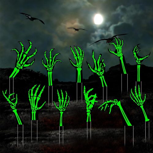 12 Pack Halloween Yard Signs with Stakes Glow in The Dark Plastic Skeleton Hands Spooky Decor for Outdoor Yard Lawn Garden Halloween Party Decorations, 12 Styles