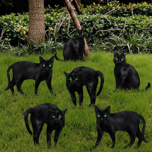Halloween Decorations Outdoor: 6ct Black Cat Decor Yard Signs with Stakes, Scary Silhouette with 3D Visual Furs, Corrugated Plastic, Waterproof Lawn Decorations for Kids Family Home