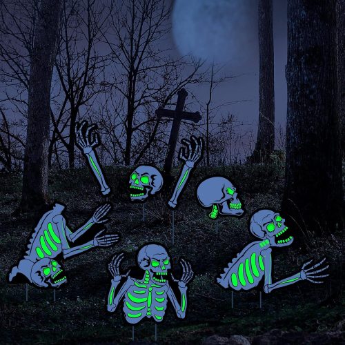 CT0808ZRA1462GT_1 Capoda 5 Pieces Halloween Yard Signs Outdoor Decorations Fluorescent Halloween Skeleton Garden Sign with Stakes Reflective Skeleton Lawn Stake for Garden Lawn Yard Decor Supplies