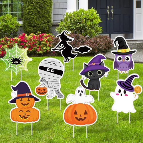 8 Pieces Cute Halloween Yard Stakes Large Halloween Garden Stake Pumpkin Ghost Witch Cat Yard Signs Halloween Lawn Decorations for Halloween Party Patio Outdoor