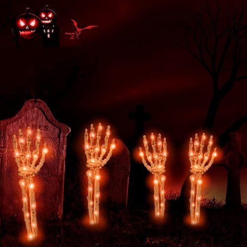 Halloween Decorations Outdoor, Solar 4 Pack Light Up Skeleton Arm Decorations, 100 LED Purple & Orange Lights with 11 Modes, Lighted Holiday Party Home Yard Path Garden, Indoor Outdoor Decor