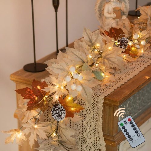 BLOSMON Fall Leaves Garland for Mantle: 6ft Fall Garland with 40 LED Lights - 8 Lighting Modes with Remote Timer - White Maple Leaf Autumn Garlands for Railing Outdoor - Thanksgiving Home Decor