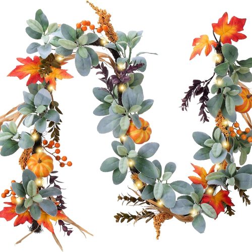 Valery Madelyn Fall Leaves Garlands for Mantle, 6ft Silk Lambs Ear Pumpkins Garland with Lights Maple Thanksgiving Table Centerpiece, Outdoor Fall Decorations for Autumn Halloween Home Fireplace Decor