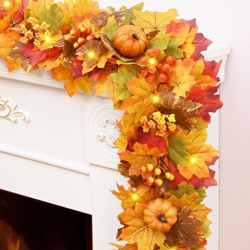 Fall Garland with Lights, 6 FT Fall Garland for Mantle, Fall Decorations with Maple Leaves Lifelike Pumpkins & Berries for Mantle Table Centerpiece Thanksgiving Fall Home Decor