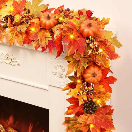 Fall Garland for Mantle, 5.9 Ft Fall Leaves Garland with Pumpkins Maple Leaves for Home Thanksgiving Table Centerpiece Farmhouse Decor