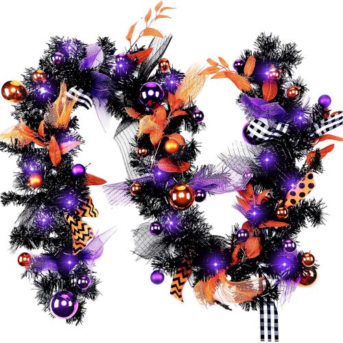 Riceshoot 6 ft Artificial Halloween Garland with LED Mixed Ball Rustic Halloween Hanging Garland String for Mantel Kitchen Fireplace Wall Window Home Indoor Outdoor Decor