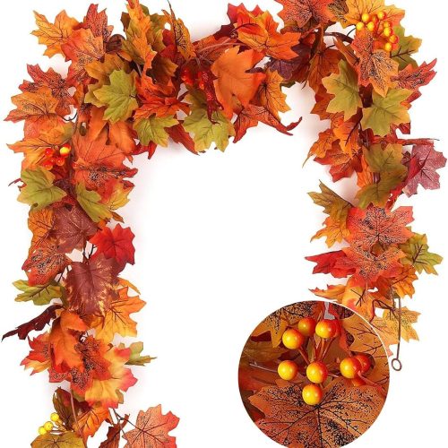 RECUTMS 2 Pack Fall Garland Maple Leaves Outdoor 5.8Ft/Pieces Fall Hanging Vine Garland Autumn Foliage for Thanksgiving Dinner Christmas Halloween Fireplace Door Mantle Garden Fence Porch Arch Decor
