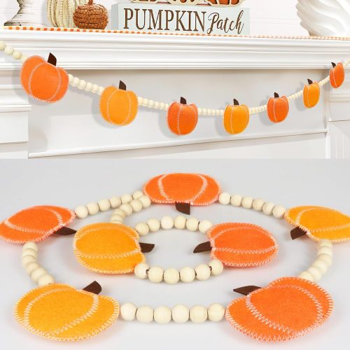 Fall Decorations for Home Pumpkin Garland, Adjustable Wood Bead Felt Pumpkins Hanging Garland, Fall Banner for Mantel Fireplace Indoor Room Office Table Wall Halloween Thanksgiving Farmhouse Decor