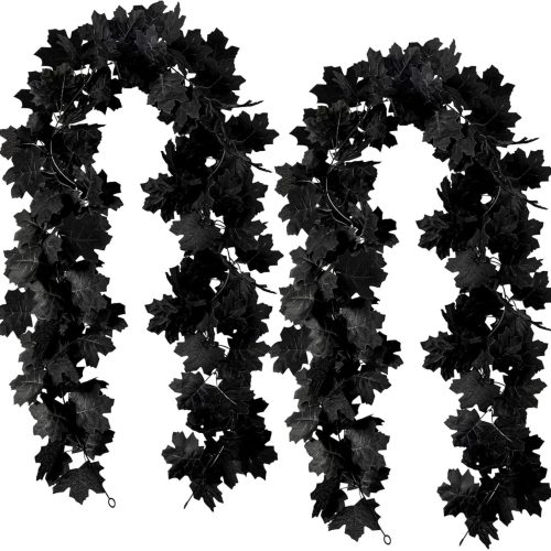 Black Maple Leaf Garland, 2PCS Halloween Artificial Hanging Fall Leave Vines, Fall Floral Garlands Thanksgiving Decor for Home Wedding Party (11.8FT)