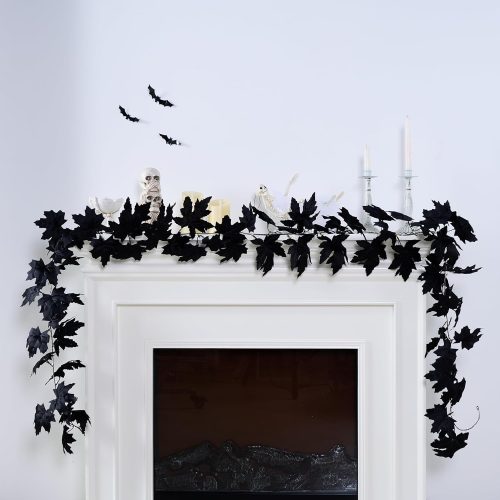 Valery Madelyn 9ft Halloween Garland with Lights, Thick Pre-Lit Light Up Black Maple Leaf Garland Halloween Decor for Mantle Fireplace Table Home Indoor