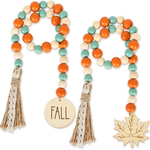 Whaline 2Pcs Fall Wood Beads Garland with Tassel Maple Leaf Tag Thanksgiving Rustic Farmhouse Tiered Tray Decor Autumn Boho Orange Mixed Beads Hanging Garland for Fall Harvest Home Party Decor