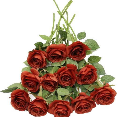 Artificial Rose Flower Artificial Flowers Flower with Long Stem Silk Roses Bouquet for Wedding Bridal Shower Party Home Decoration (Burnt Orange, 12 Pcs)