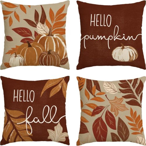 AVOIN colorlife Hello Fall Pumpkin Leaves Pillow Covers, 18 x 18 Inch Seasonal Thanksgiving Harvest Cushion Case Decoration for Sofa Couch Set of 4