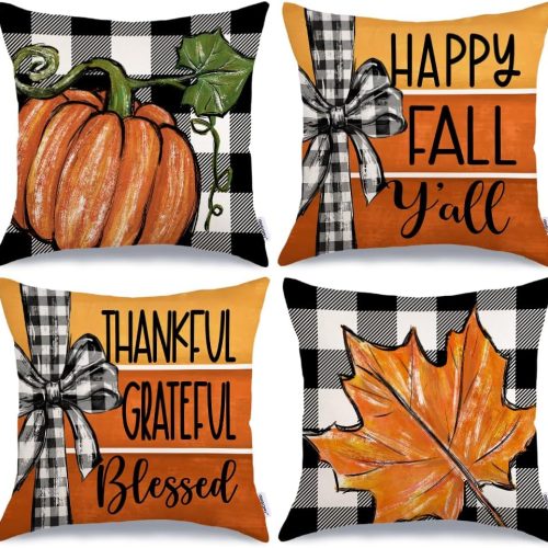 GEEORY Fall Pillow Covers 18 x 18 Inch Set of 4, Buffalo Bowknot Pumpkin Maple Leaf Decorative Throw Cushion Cases Farmhouse Thanksgiving Decor Indoor Decoration for Home Sofa Couch (Orange) 392-18