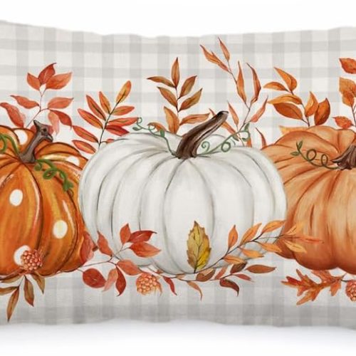 AACORS Fall Pillow Cover 12x20 Inch Buffalo Pliad Pumpkin Maple Leaves Decor Autumn Thanksgiving Decorative Farmhouse Cushion Case for Sofa Couch (Orange) AA161-12