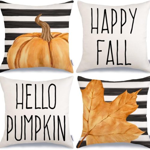 GEEORY Happy Fall Pumpkin and Maple Leaves Pillow Covers 18x18 inch Set of 4, Autumn Thanksgiving Seasonal Decorative Throw Pillows Farmhouse Decoration for Sofa