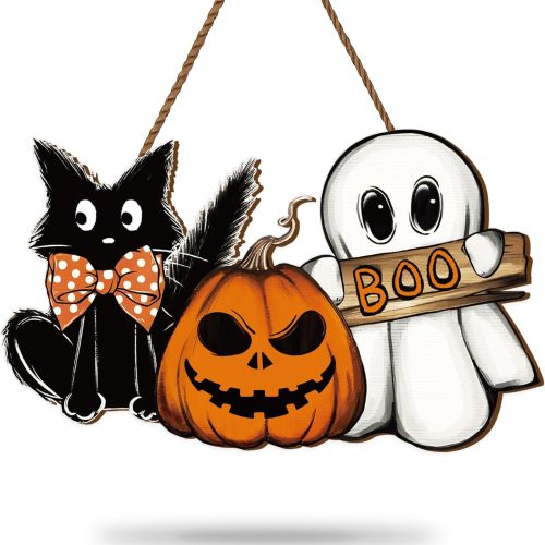 Halloween Door Decor Wooden Hanging Sign Pumpkin Ghost Boo Black Cat Welcome Sign for Trick or Treat Party Indoor Outdoor Porch Wall