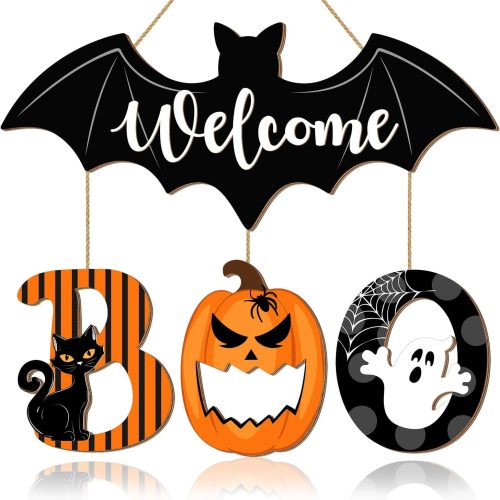 Halloween BOO Door Sign Decorations, Spooky Bat Welcome Hanging Sign for Front Door, Wooden Ghost Evil Pumpkin Black Cat Door Hanger Ornaments for Home Window Wall Halloween Party Decor